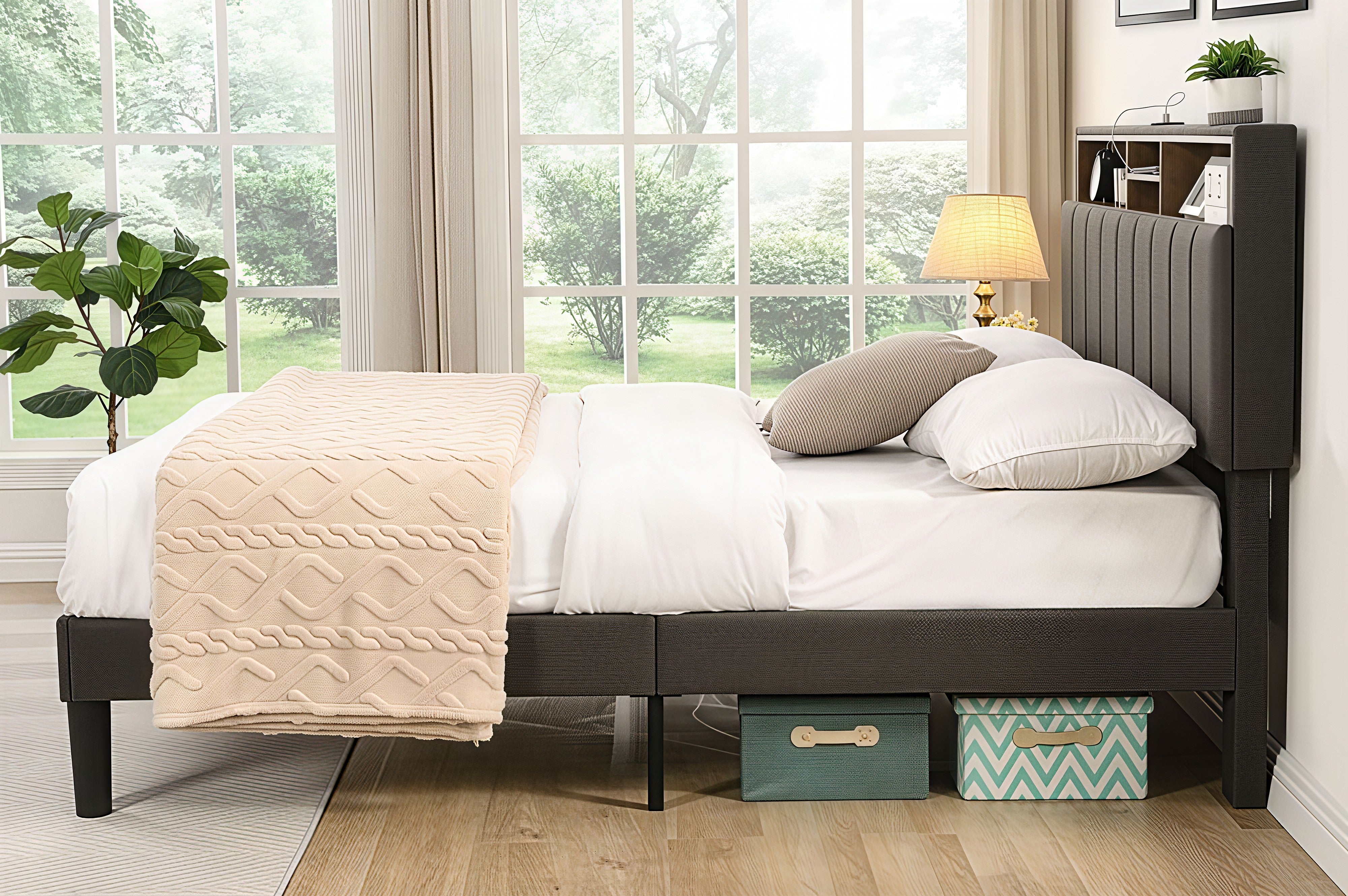 LYXON™ SMART STORAGE PLATFORM BED WITH SHELVING & USB – T2178