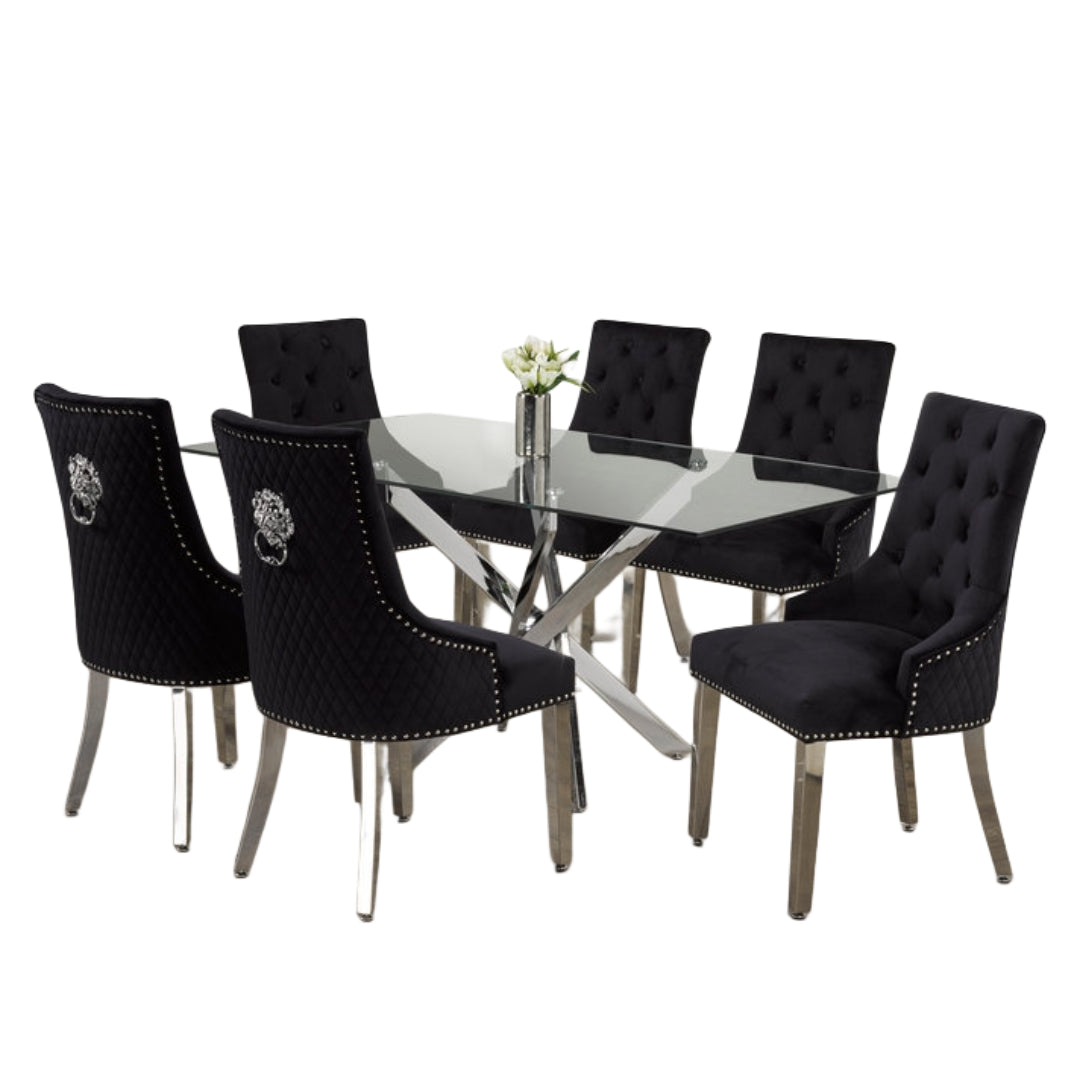 Luxurious Glass Dining Set with Velvet Lion Knocker Chairs – Model T-1448