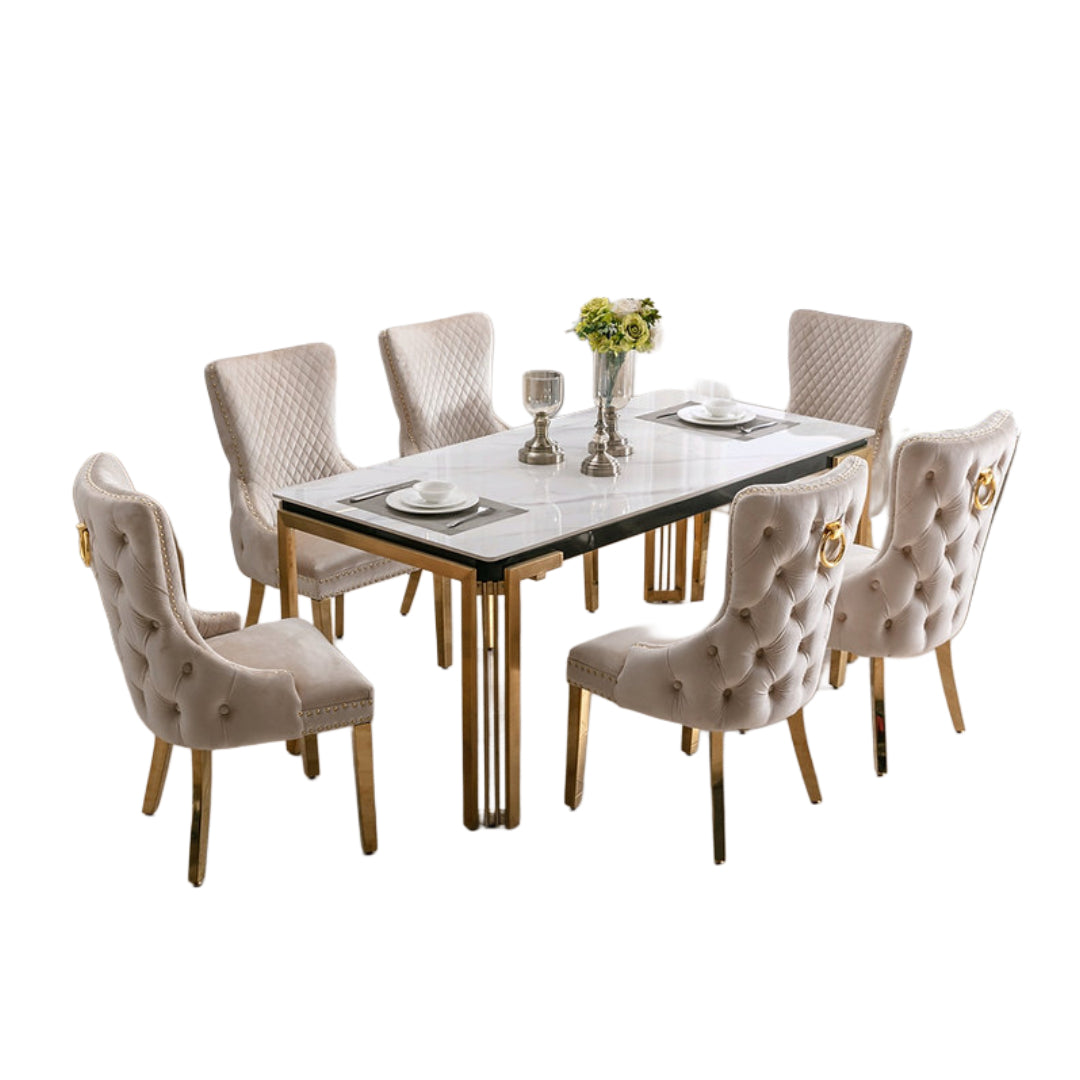 White Ceramic Marble Dining Set with Gold Velvet Chairs – T-1275