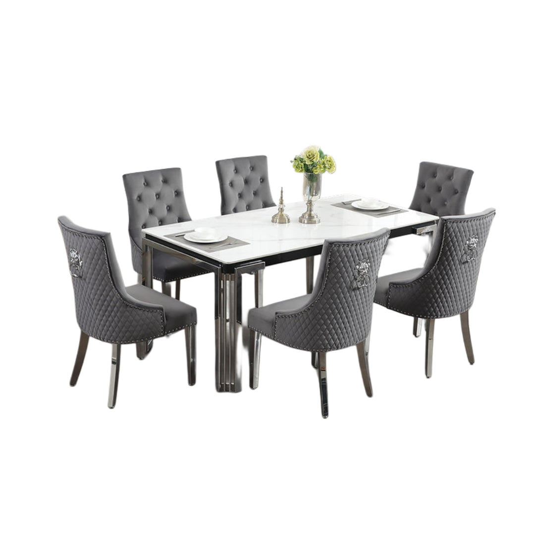 Ceramic Marble Dining Set with Lion Knocker Velvet Chairs – T-1274