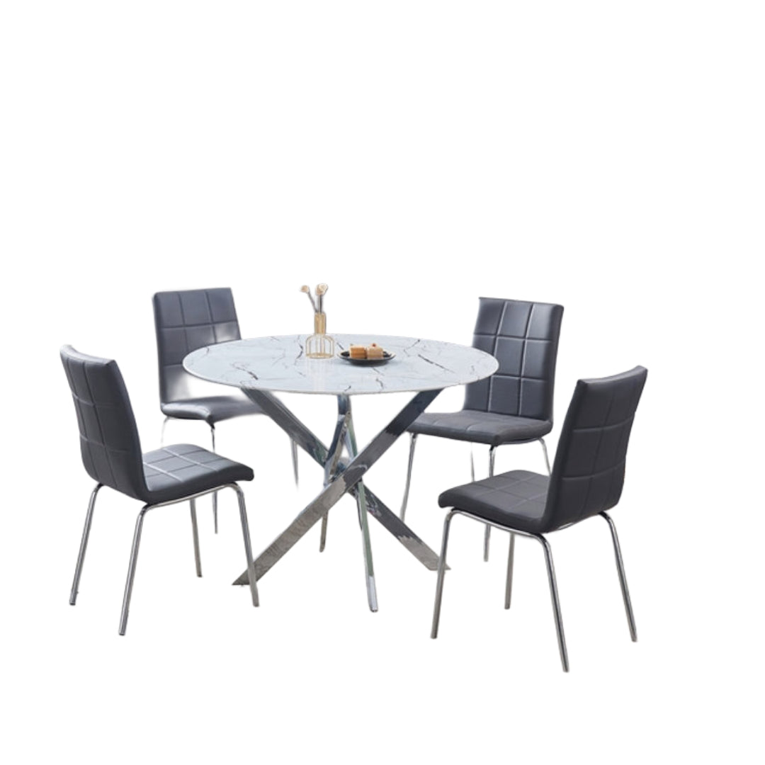 Round Marble Glass Dining Set with Chrome Legs – Model T-1445
