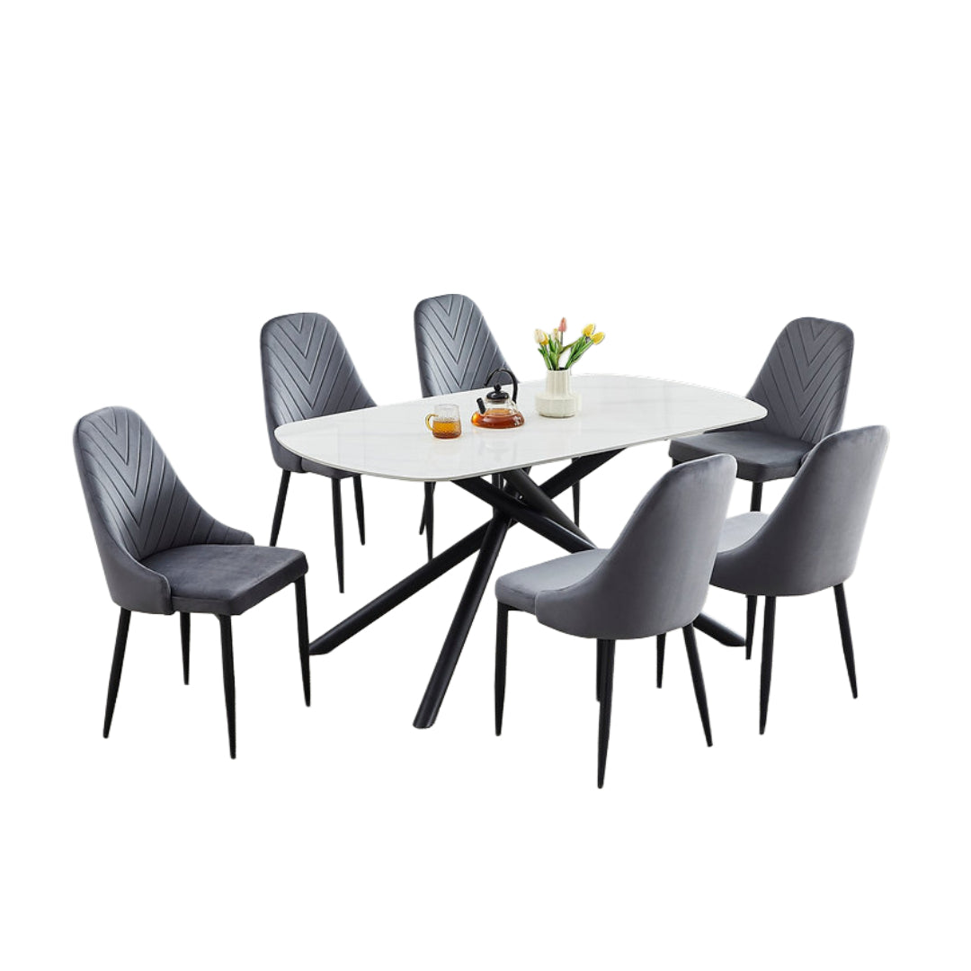 White Sintered Stone Dining Set with Velvet Chairs – T-1530