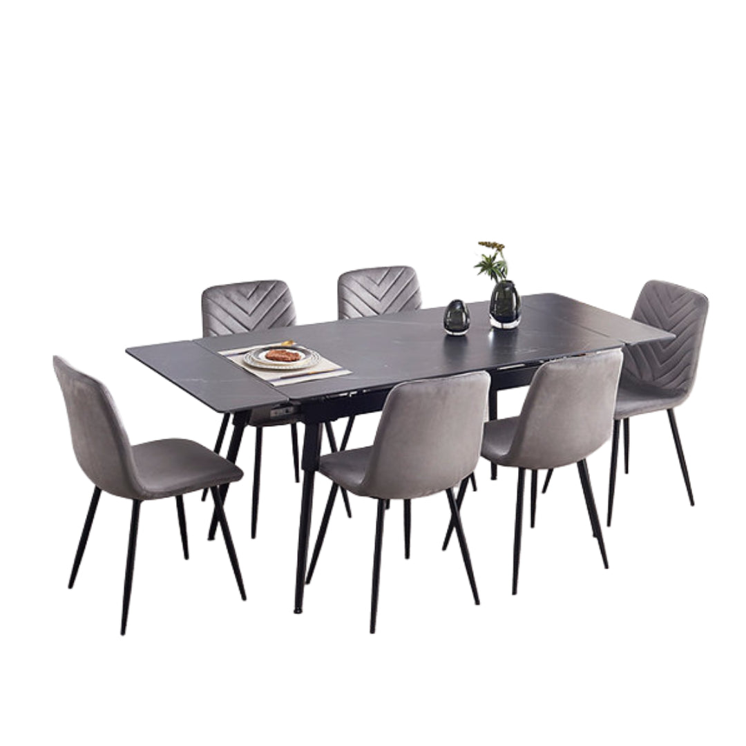 Modern Extension Dining Set with Chevron-Stitched Velvet Chairs – T-1818