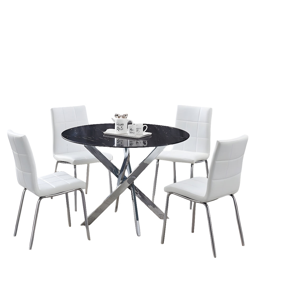 Round Black Marble Glass Dining Set with Chrome Legs – Model T-1446