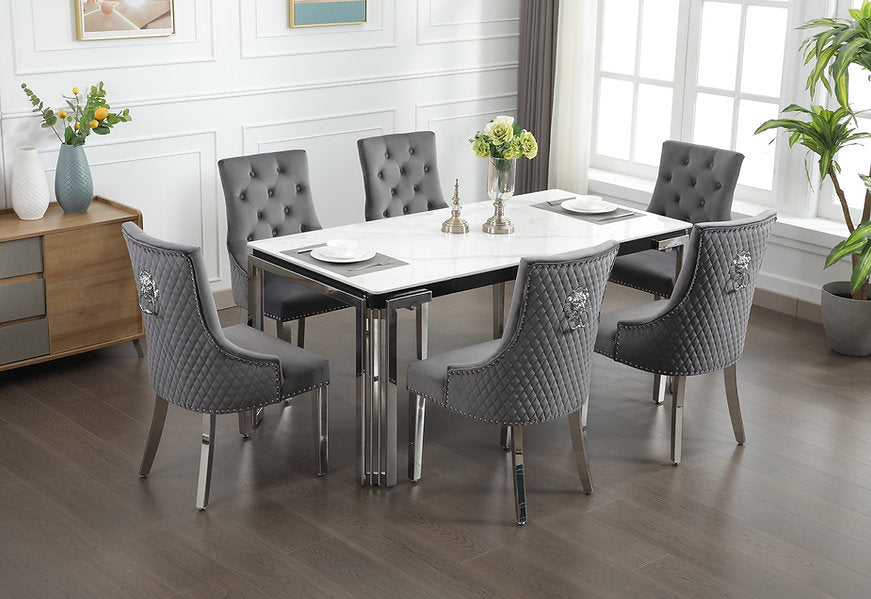 Ceramic Marble Dining Set with Lion Knocker Velvet Chairs – T-1274