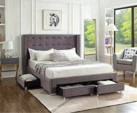 Velvet Fabric Wing Bed with Nailhead Trim and Chrome Legs – Model IF-5320
