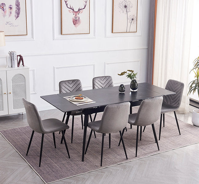 Modern Extension Dining Set with Chevron-Stitched Velvet Chairs – T-1818