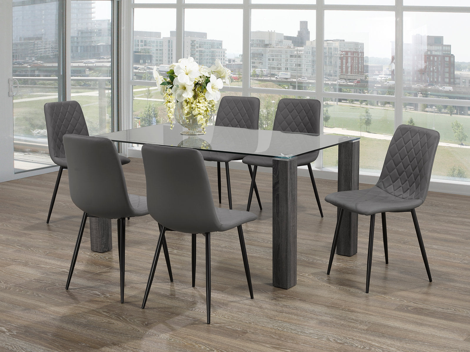 Modern Clear Glass Dining Set with Grey Wooden Legs – Model T-1449