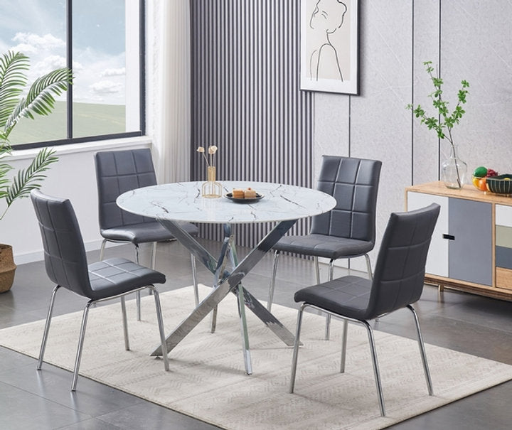 Round Marble Glass Dining Set with Chrome Legs – Model T-1445