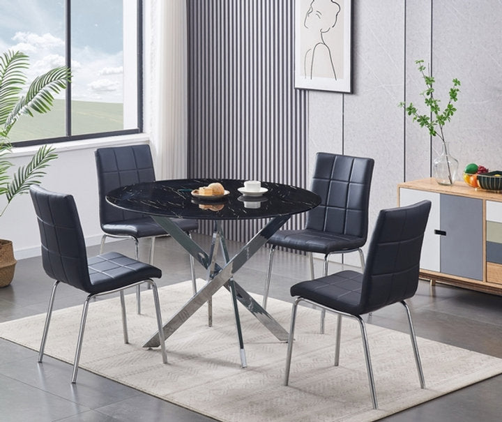 Round Black Marble Glass Dining Set with Chrome Legs – Model T-1446