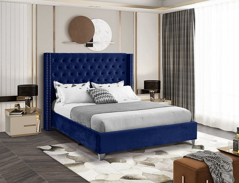 Velvet Fabric Bed with Deep Button Tufting & Nailhead Trim – IF-5892