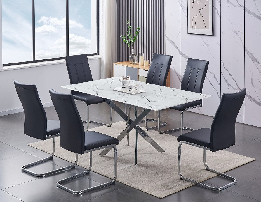Modern Marble Glass Dining Set with Chrome Legs – Model T-1442