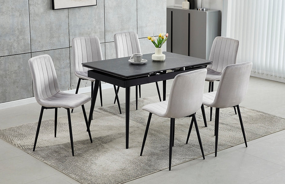 Black Sintered Stone Extension Dining Set with Velvet Chairs – T-1472