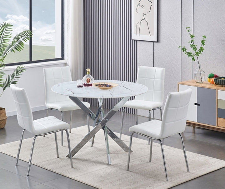 Round Marble Glass Dining Set with Chrome Legs – Model T-1445