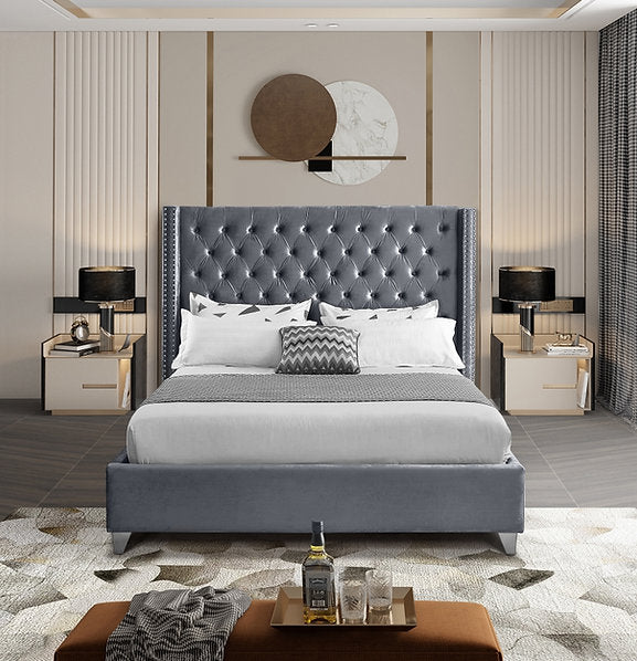 Velvet Fabric Bed with Deep Button Tufting & Nailhead Trim – IF-5892