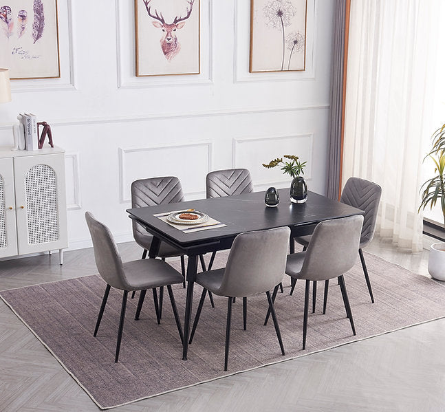 Modern Extension Dining Set with Chevron-Stitched Velvet Chairs – T-1818