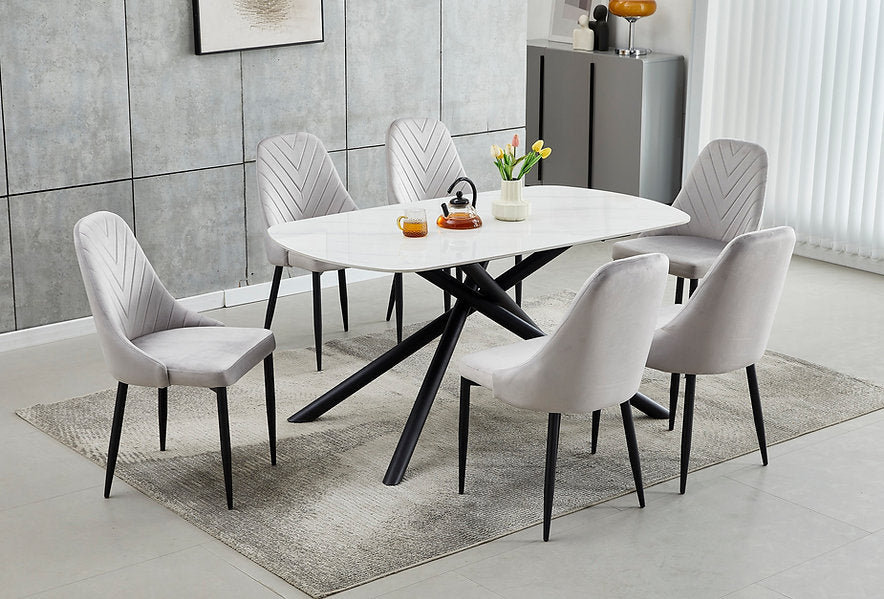 White Sintered Stone Dining Set with Velvet Chairs – T-1530