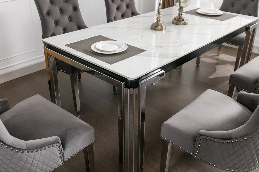 Ceramic Marble Dining Set with Lion Knocker Velvet Chairs – T-1274