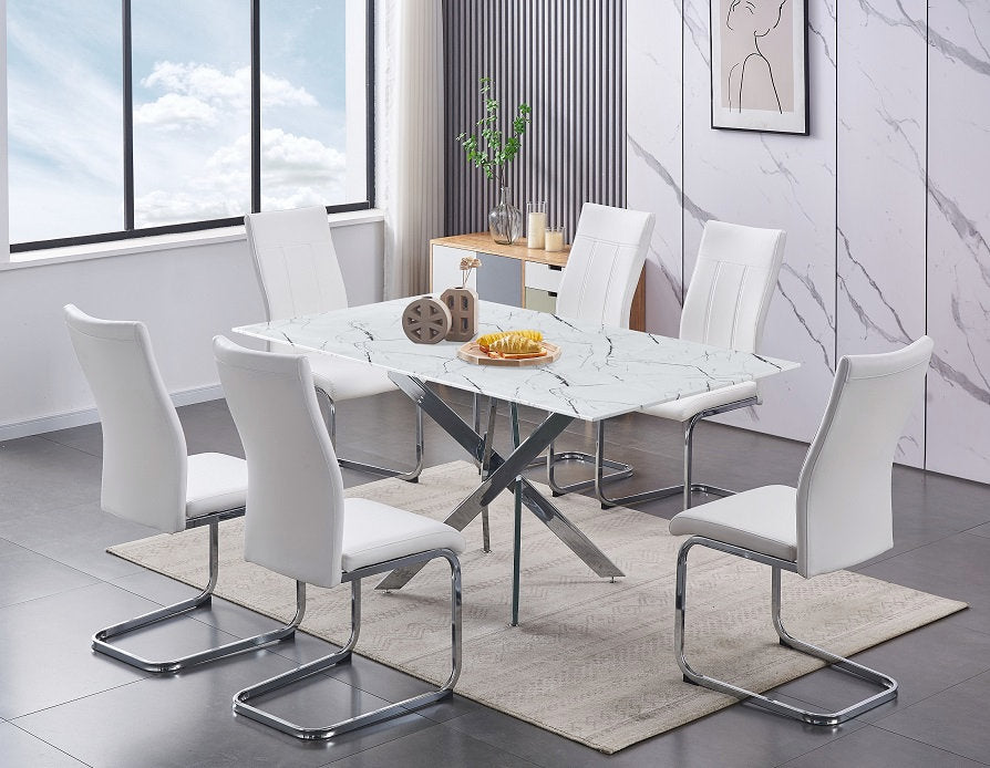 Modern Marble Glass Dining Set with Chrome Legs – Model T-1442