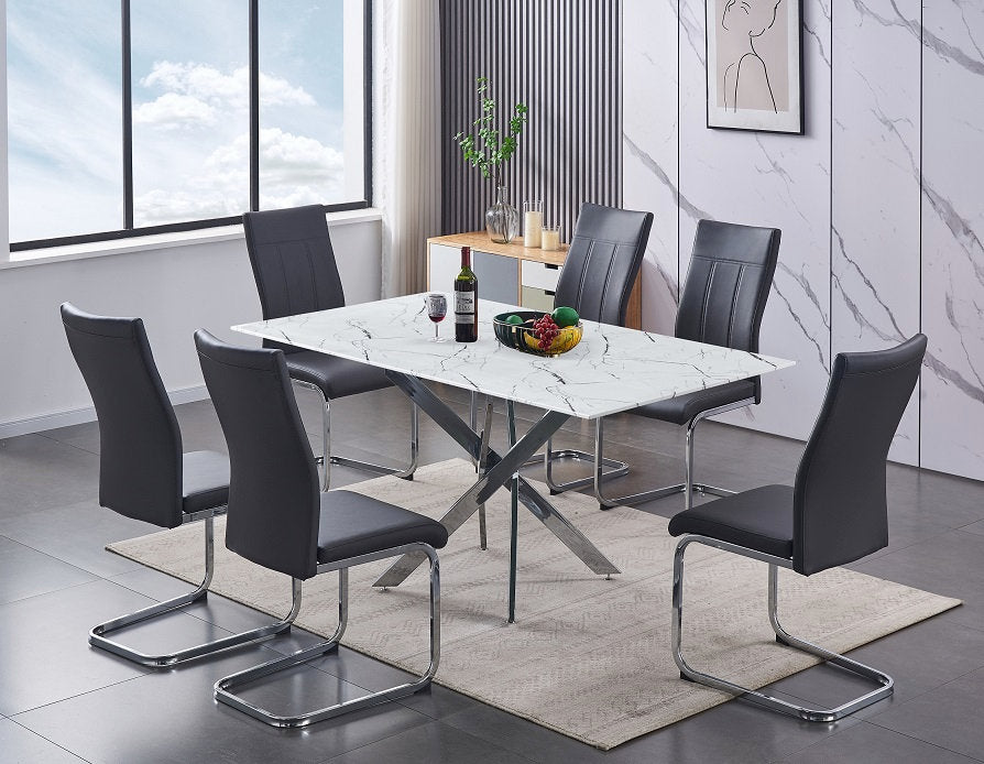 Modern Marble Glass Dining Set with Chrome Legs – Model T-1442