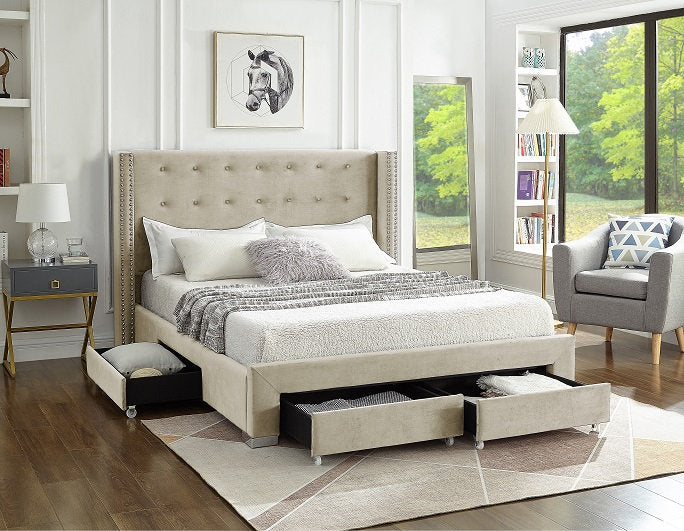 Velvet Fabric Wing Bed with Nailhead Trim and Chrome Legs – Model IF-5320