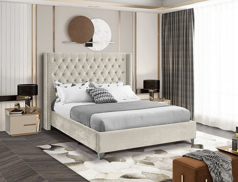 Velvet Fabric Bed with Deep Button Tufting & Nailhead Trim – IF-5892