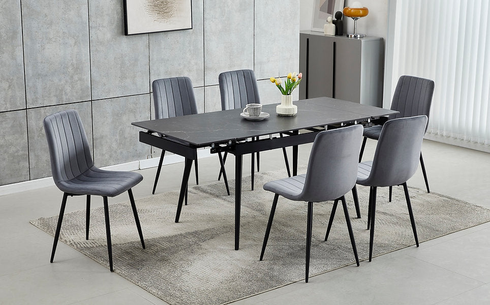 Black Sintered Stone Extension Dining Set with Velvet Chairs – T-1472