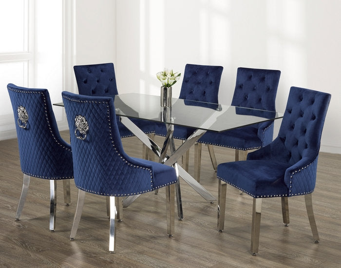 Luxurious Glass Dining Set with Velvet Lion Knocker Chairs – Model T-1448
