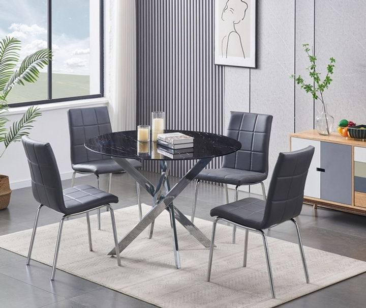 Round Black Marble Glass Dining Set with Chrome Legs – Model T-1446