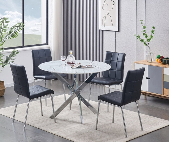 Round Marble Glass Dining Set with Chrome Legs – Model T-1445