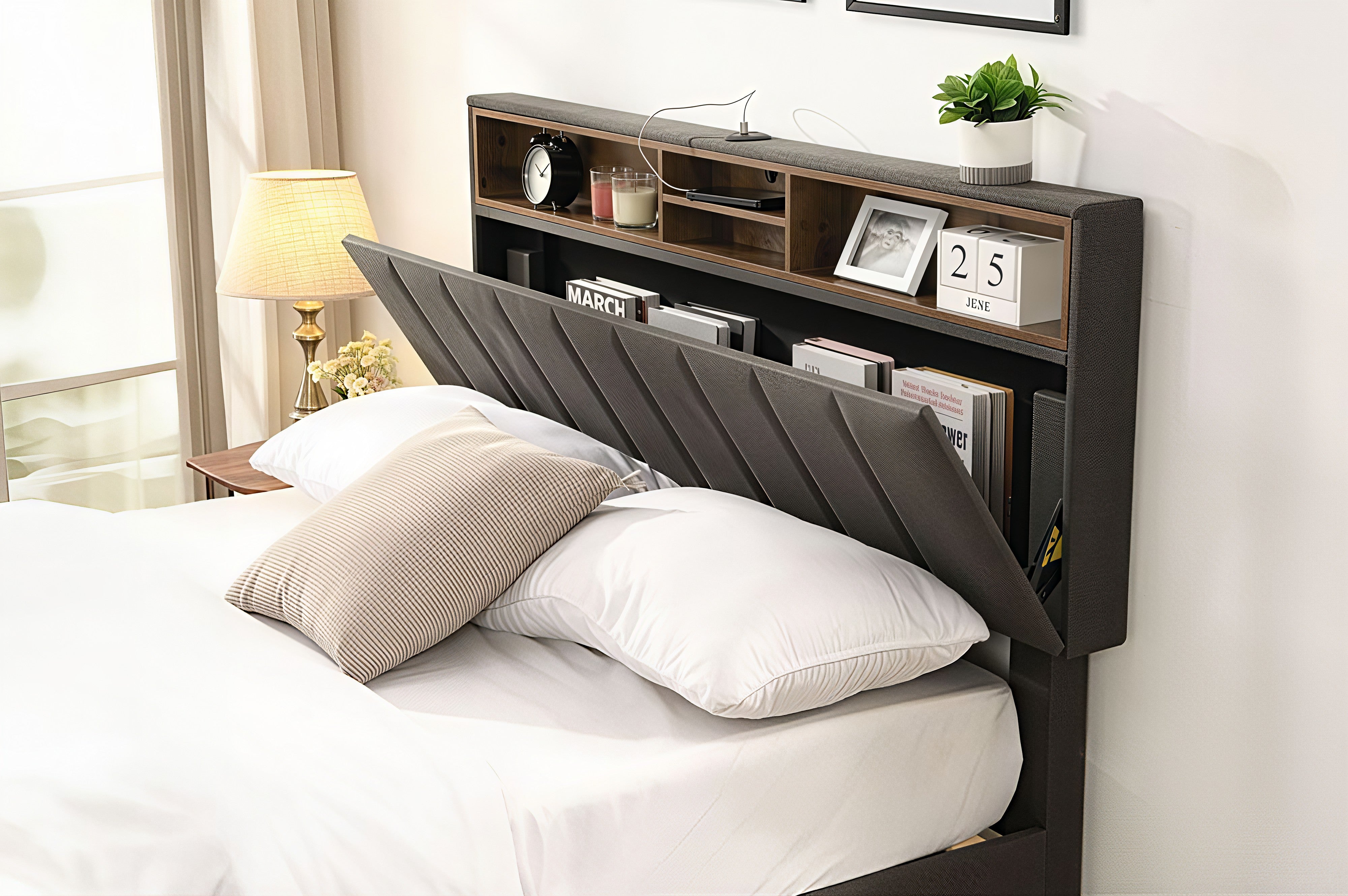 LYXON™ SMART STORAGE PLATFORM BED WITH SHELVING & USB – T2178