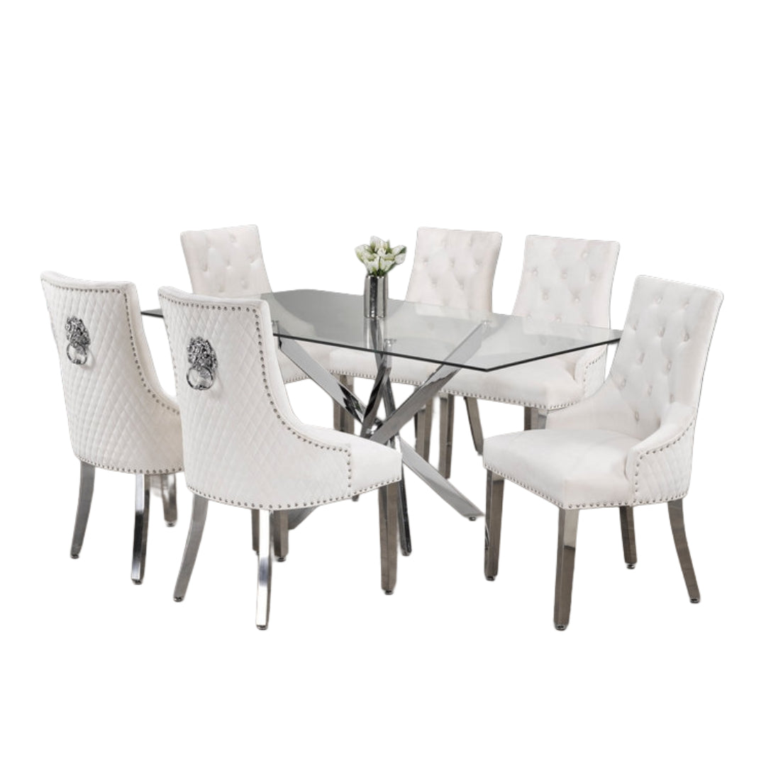 Luxurious Glass Dining Set with Velvet Lion Knocker Chairs – Model T-1448