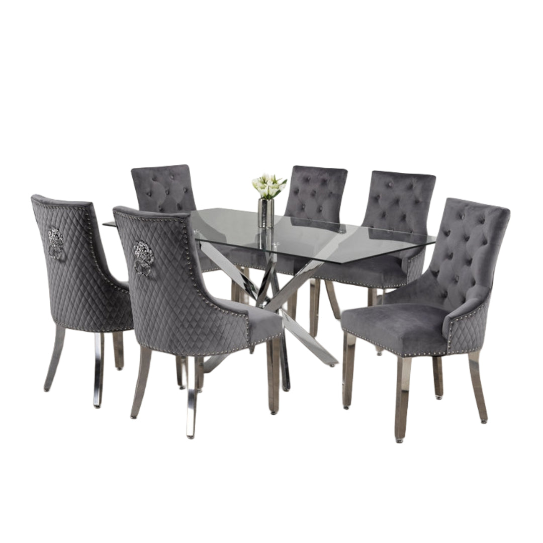 Luxurious Glass Dining Set with Velvet Lion Knocker Chairs – Model T-1448