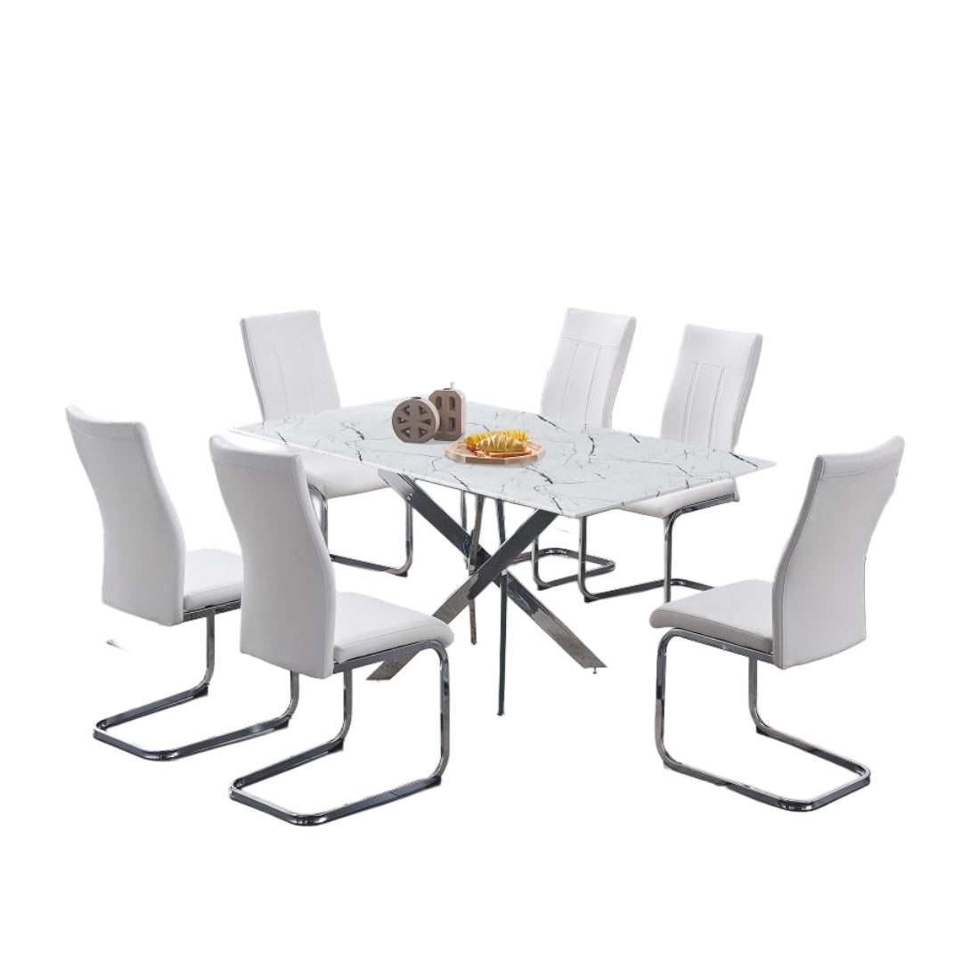 Modern Marble Glass Dining Set with Chrome Legs – Model T-1442