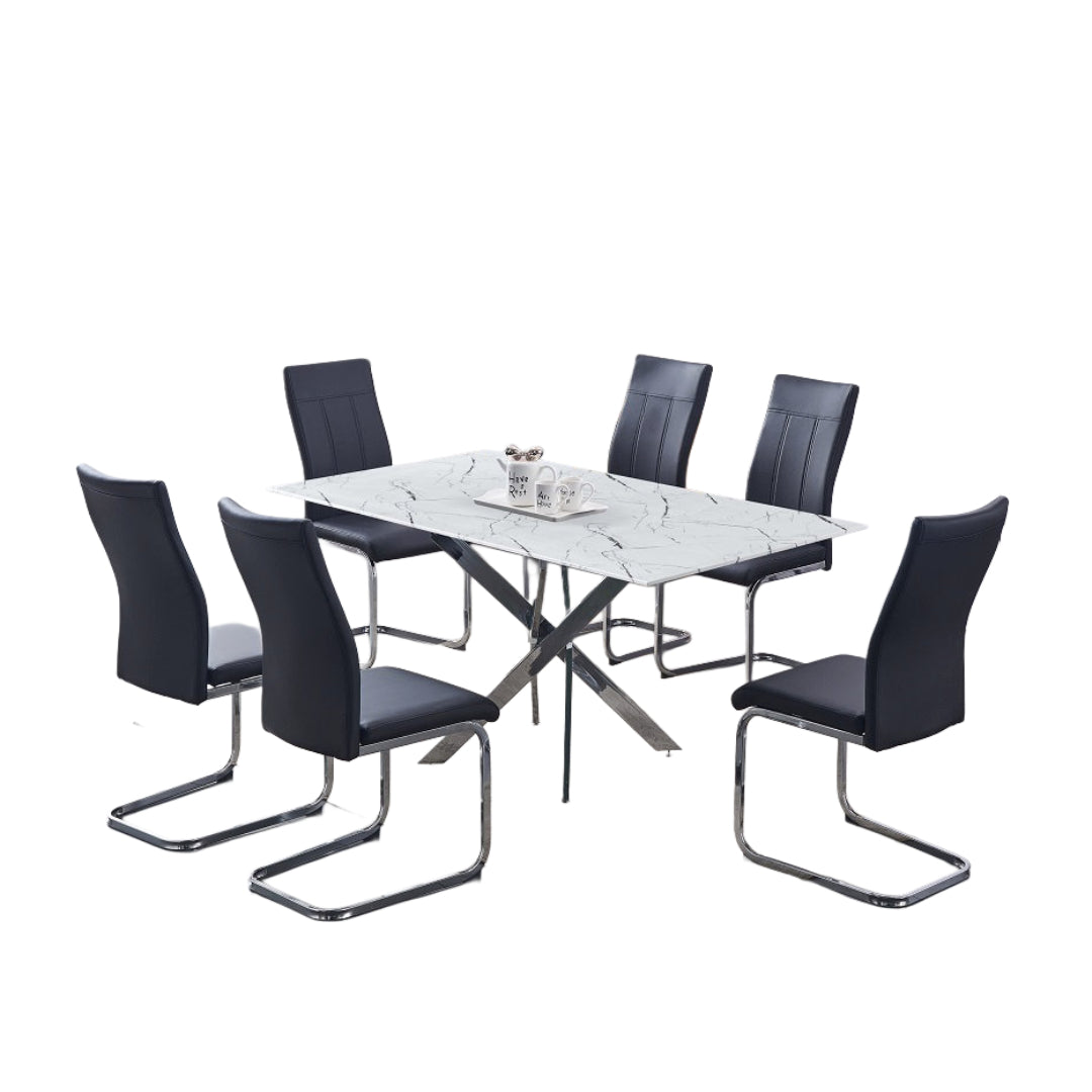 Modern Marble Glass Dining Set with Chrome Legs – Model T-1442