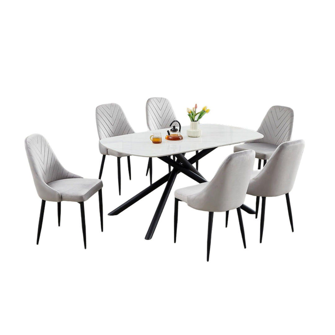 White Sintered Stone Dining Set with Velvet Chairs – T-1530