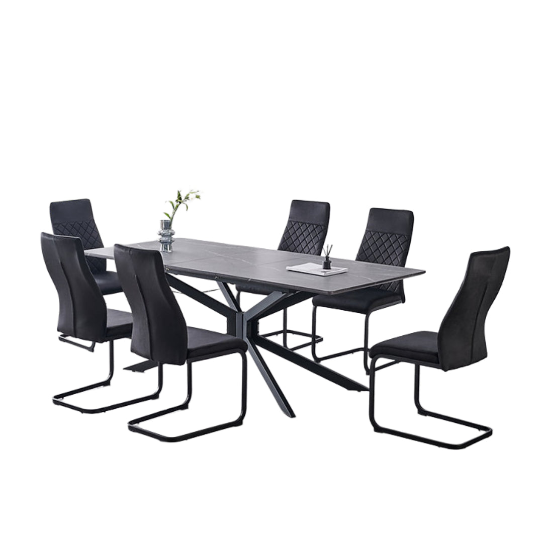 Faux Grey Marble Extension Dining Set with Velvet C-Base Chairs – T-1570