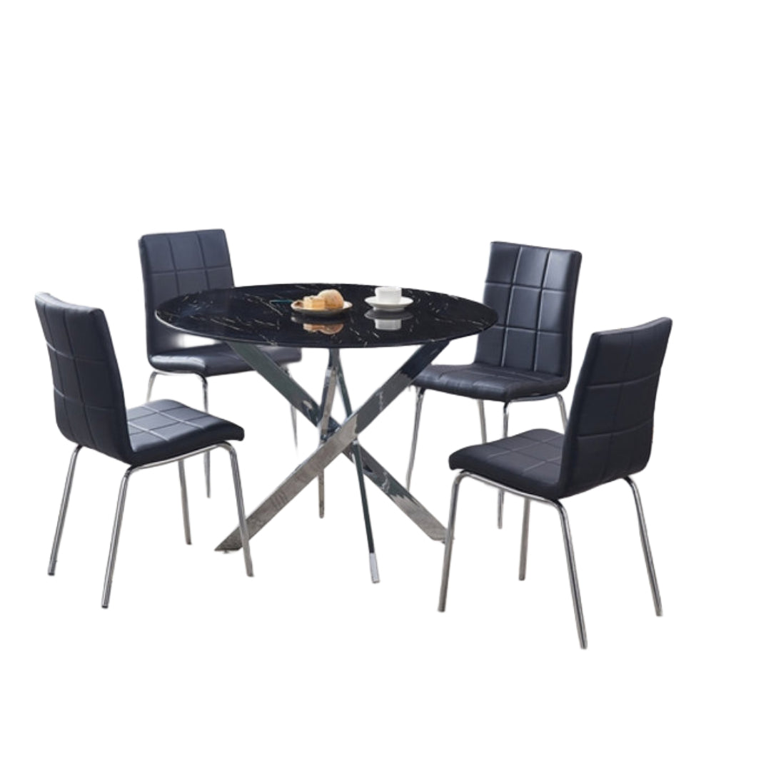 Round Black Marble Glass Dining Set with Chrome Legs – Model T-1446