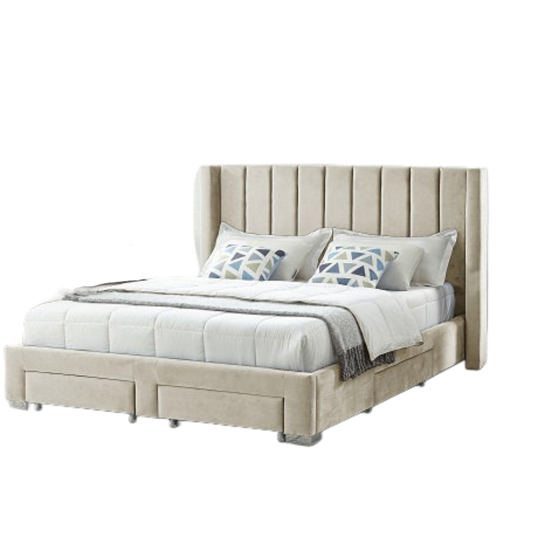 Velvet Fabric Wing Bed with Vertical Deep Tufting and Chrome Legs IF-5310
