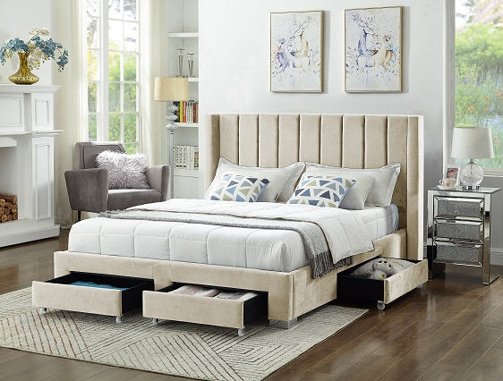 Velvet Fabric Wing Bed with Vertical Deep Tufting and Chrome Legs IF-5310
