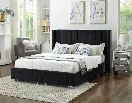 Velvet Fabric Wing Bed with Vertical Deep Tufting and Chrome Legs IF-5310