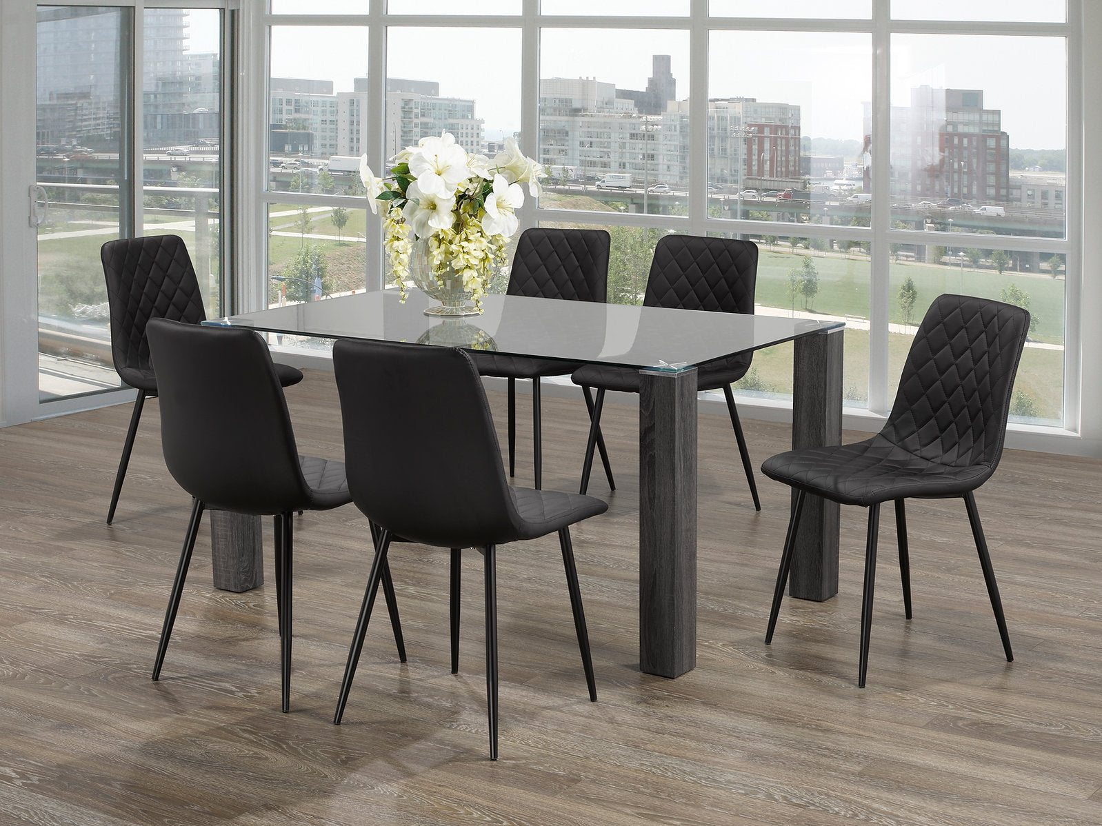 Modern Clear Glass Dining Set with Grey Wooden Legs – Model T-1449