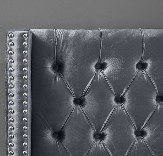 Velvet Fabric Bed with Deep Button Tufting & Nailhead Trim – IF-5892