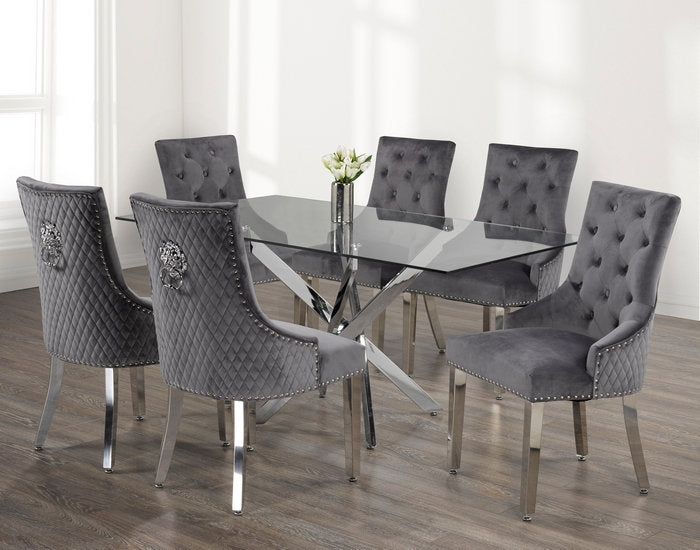 Luxurious Glass Dining Set with Velvet Lion Knocker Chairs – Model T-1448