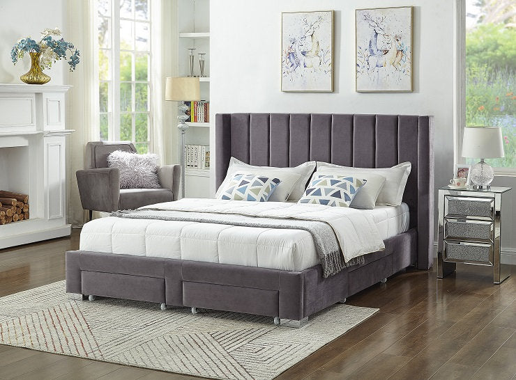 Velvet Fabric Wing Bed with Vertical Deep Tufting and Chrome Legs IF-5310