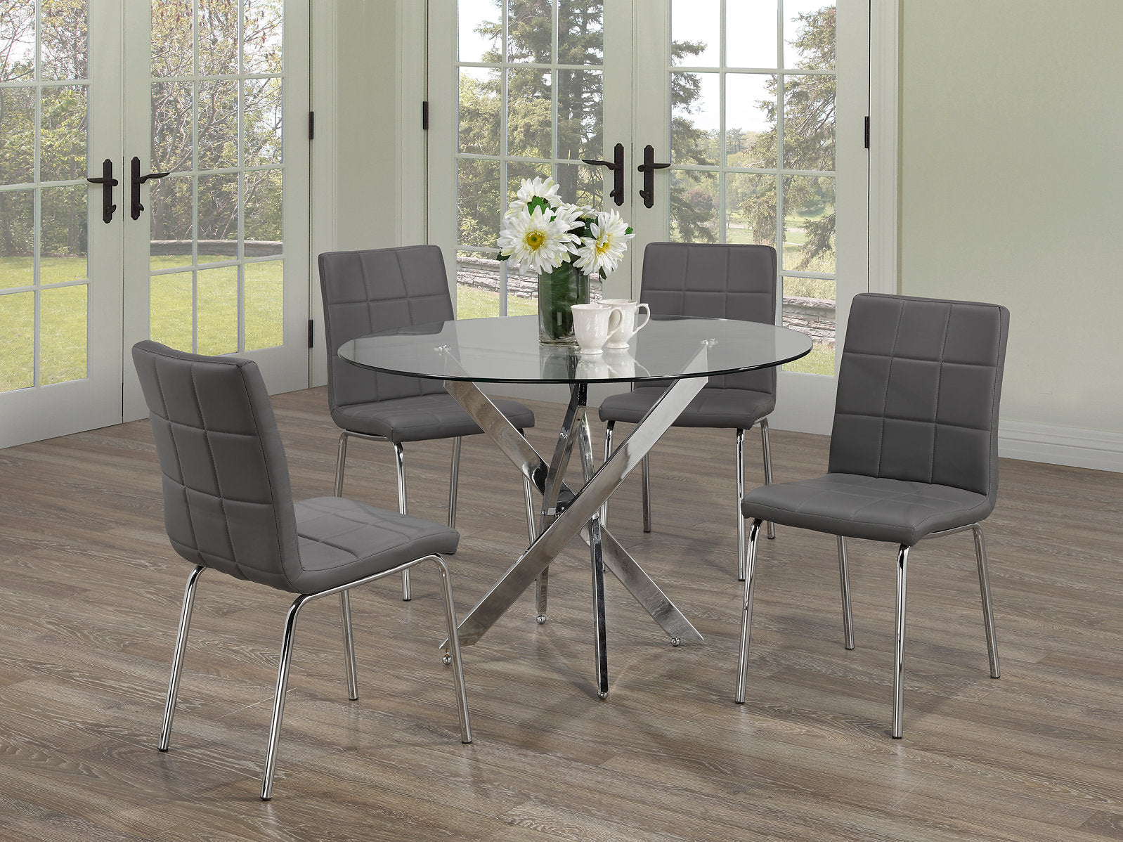 Contemporary Round Glass Dining Set with Chrome Legs – Model T-1447