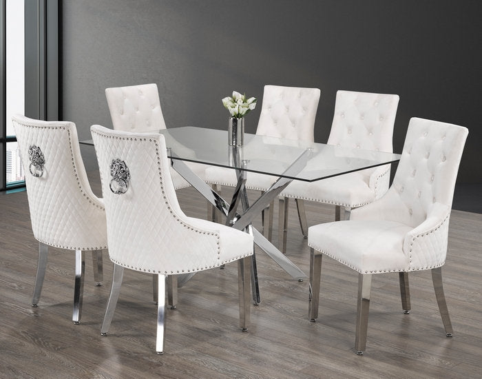 Luxurious Glass Dining Set with Velvet Lion Knocker Chairs – Model T-1448