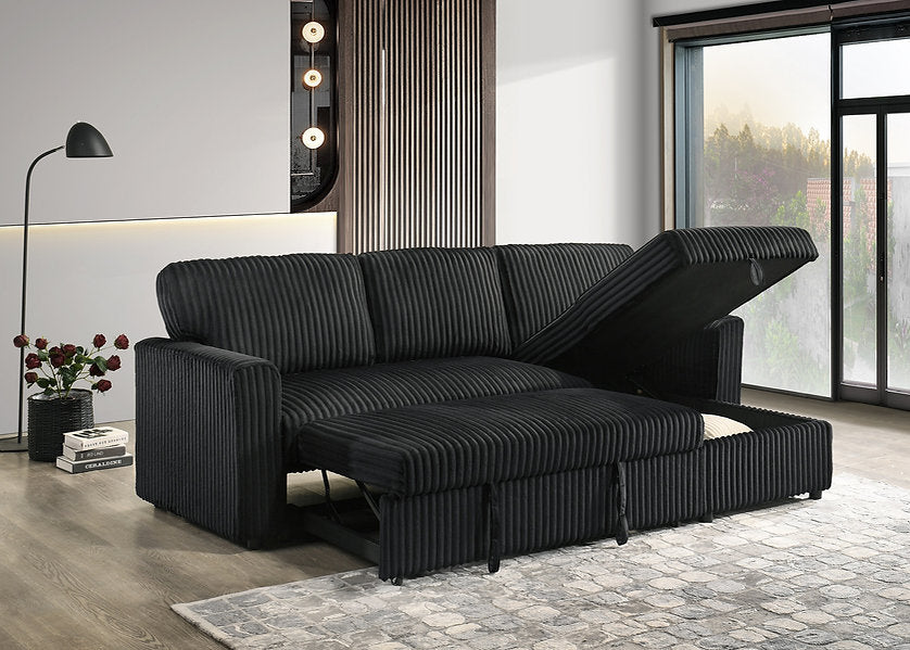 VELORIA NOIR™ – BLACK CORDUROY SOFA BED SECTIONAL – IF-9024