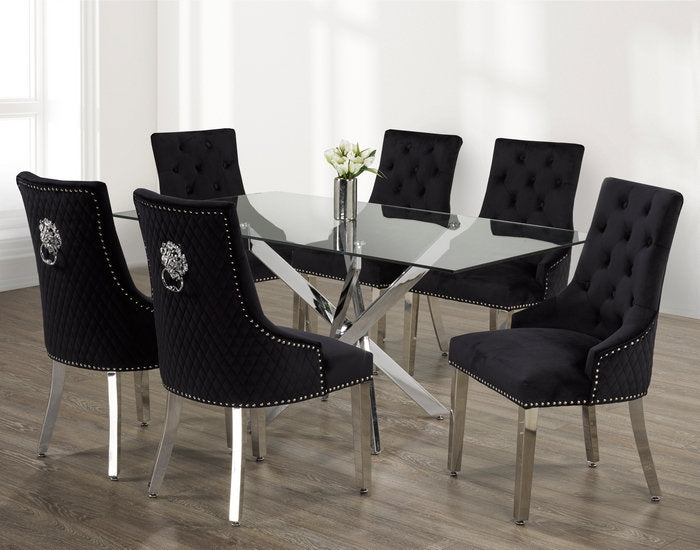 Luxurious Glass Dining Set with Velvet Lion Knocker Chairs – Model T-1448