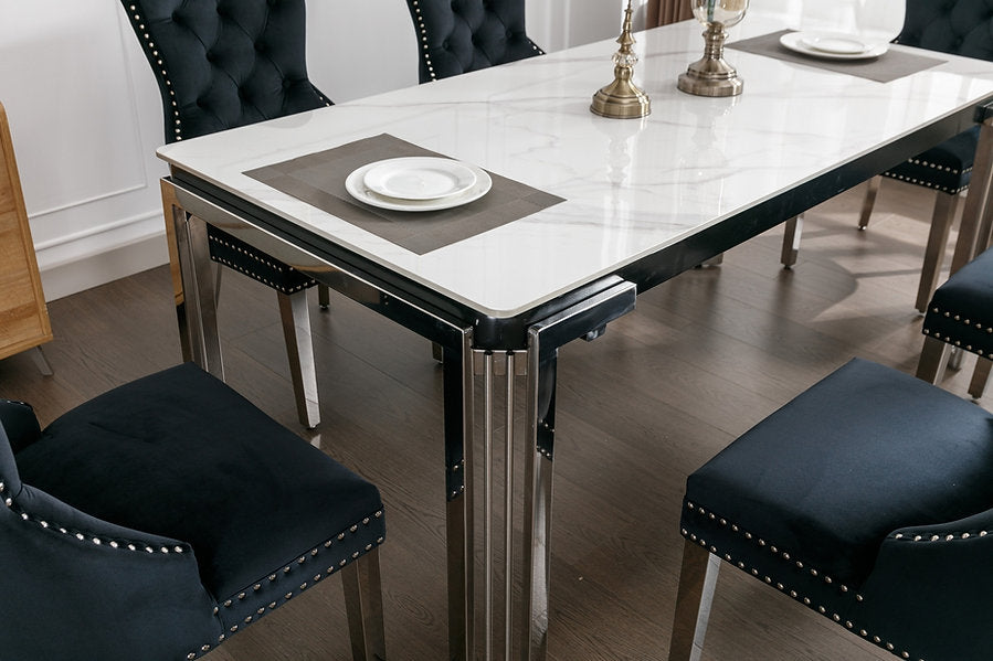 Ceramic Marble Dining Set with Lion Knocker Velvet Chairs – T-1274